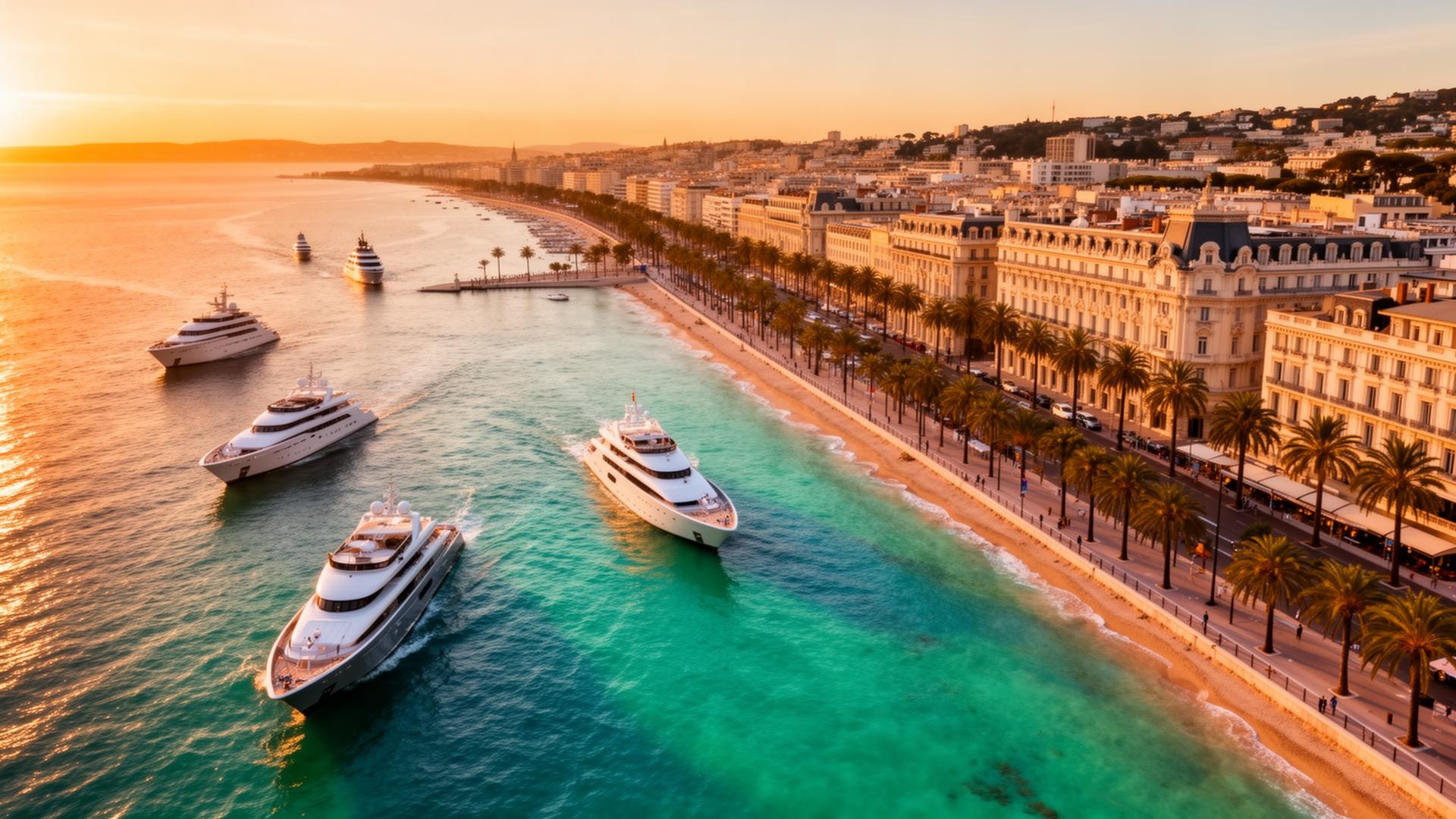 Vue aérienne de la Croisette à Cannes au coucher du soleil